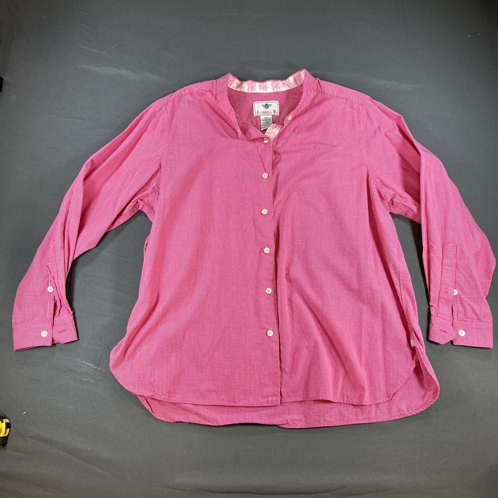 Andrea B Pink White Gingham Button Down Shirt Band Collar Women 1X